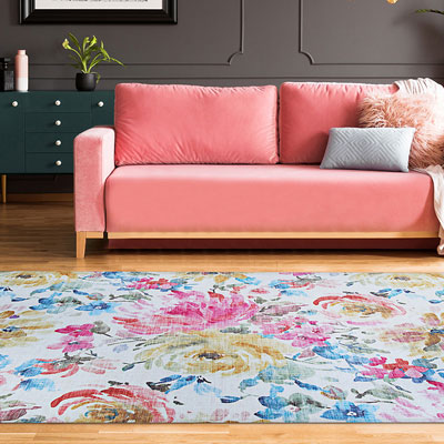 blue and pink floral area rug