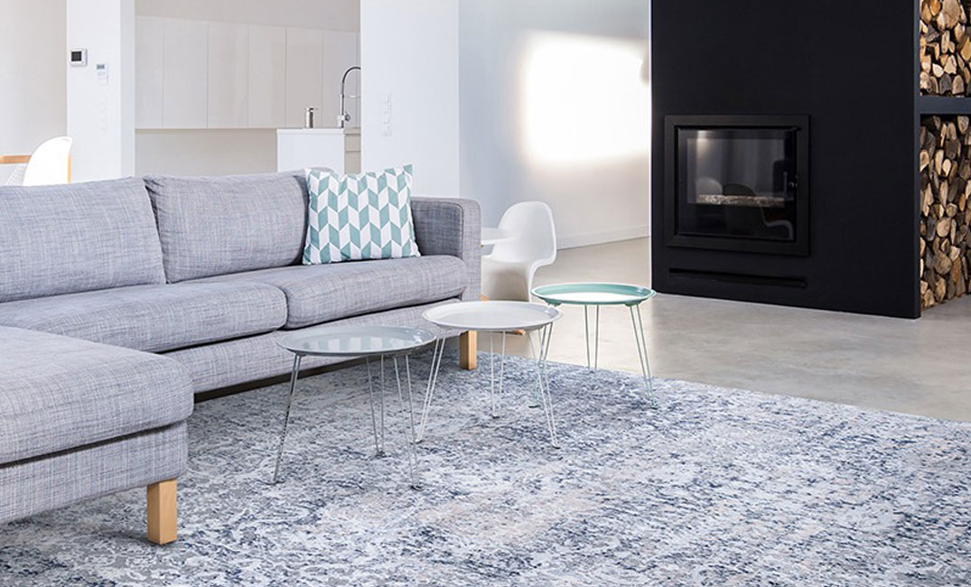 blue pattern area rug in living room