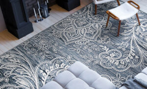 navy area rug with white pattern