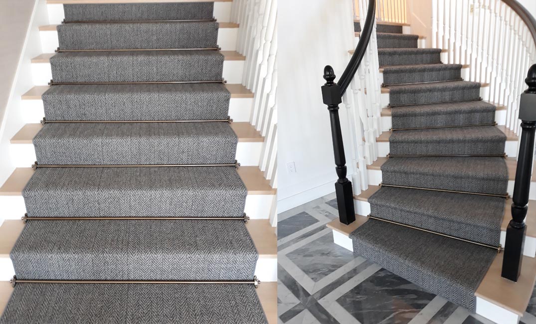 two sets of stairs with stair rods