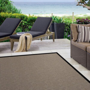 dark brown with dark trim outdoor rug with outdoor furniture