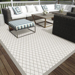 silver outdoor rug with diamond pattern on rug